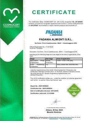 Certificazione VLOG Ohne GenTechnik Padania Alimenti